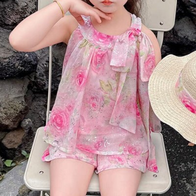 Meninas roupas infantis de verão estilo princesa colete + shorts + chapéu de palha conjunto de três peças roupas de verão novas meninas terno