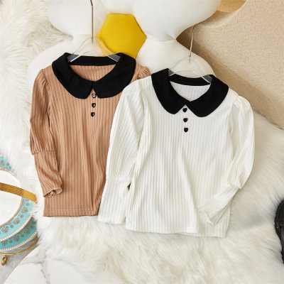 Toddler Girl Solid Color Ribbed Lapel Patchwork Long Sleeve Bottoming Shirt
