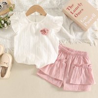 2-piece Toddler Girl Solid Color Flower Decor Vest & Pocket Front Shorts  Pink