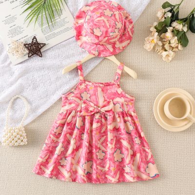 2pcs Set Baby's Pink Sweet And Lovely Butterfly Dress With Hat Set