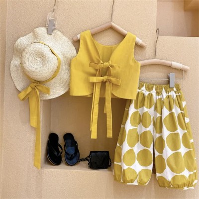 3-piece Toddler Girl Solid Color Bowknot Tied Vest & Color-block Polka Dotted Pants & Matching Hat