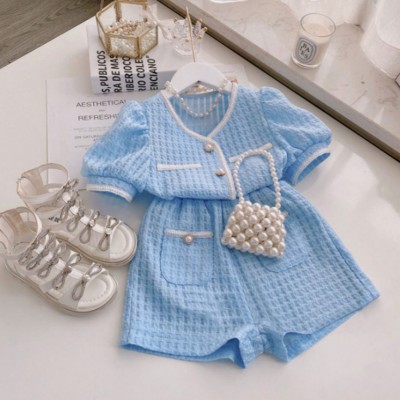 Girls' Chanel style suit solid color top + high waist wide leg shorts two piece suit