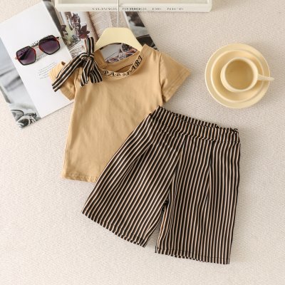 3-piece Toddler Girl Solid Color Short Sleeve T-shirt & Striped Shorts & Tie