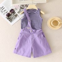 2-piece Toddler Girl Striped Vest & Solid Color Dungarees  Purple