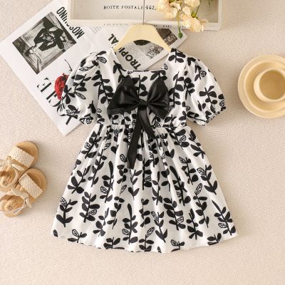 Kurzärmliges Kleid für Kleinkinder und Mädchen mit Blumenmuster, Schleife und eckigem Ausschnitt