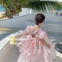 Girls puff short-sleeved summer backless bow glitter polka dot princess dress  Pink