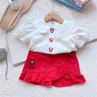 Novo terno infantil de verão, blusa bordada com flor pequena para meninas + saia terno infantil de duas peças