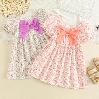 Toddler Girl Allover Floral Pattern Bowknot Decor Square Neck Short Puff Sleeve Dress