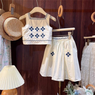 Summer holiday style suit for girls, embroidered vest skirt, two-piece suit for seaside fun