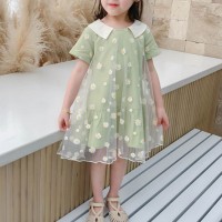 Vestido infantil de verão com estampa de margaridas em malha vestido de princesa de manga curta  Verde