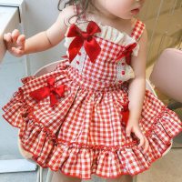 Vestido de princesa de verão para meninas, colete sem mangas, saia xadrez, versátil, estilo ocidental, vestido de princesa com suspensório  Vermelho