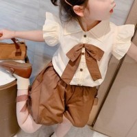 New summer style college style summer clothes small flying sleeves shirt flower bud pants fashionable two-piece suit  Khaki