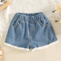 Toddler Girl Lace Spliced Denim Shorts  Blue