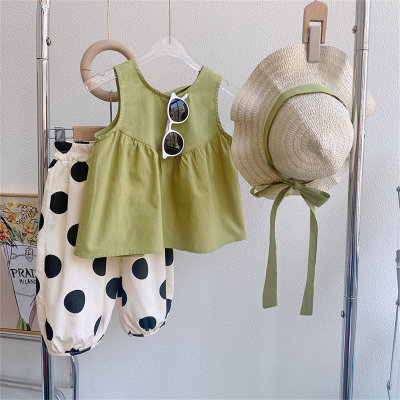 Summer solid color girls vest + polka dot cropped pants + straw hat three-piece suit