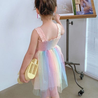 Girls skirt rainbow crumpled mesh suspender skirt