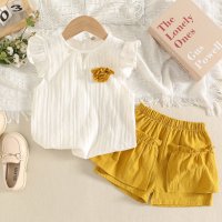 Chaleco con decoración de flores de color sólido para niña pequeña de 2 piezas y pantalones cortos con bolsillo delantero  Amarillo