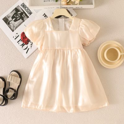 Toddler Girl Solid Color Square Neck Short Puff Sleeve Dress