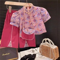 Novo verão para meninas estilo chinês gola alta bolha manga curta cheongsam top + calças de perna larga + saco conjunto de três peças  Rosa quente