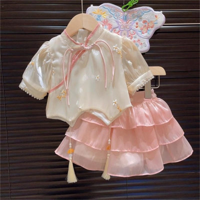 New Chinese style girls summer retro buttoned short-sleeved shirt skirt two-piece suit