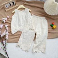 New summer baby girl lace sleeveless vest + casual wide-leg pants two-piece set  Beige