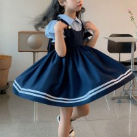 Girls dress summer new style fake two-piece college style puff sleeve princess dress  Navy Blue