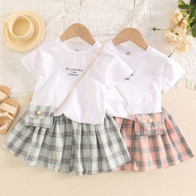 3-piece Toddler Girl Letter Printed Short Sleeve T-shirt & Plaid Skirt & Matching Bag