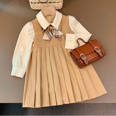 Toddler Girl 2 in 1 Color-block Patchwork Bowknot Decor Long Sleeve Shirt Dress