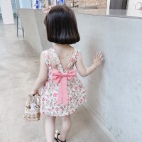 Girls dress, summer dress, children's backless fashionable floral princess dress with hairband  White
