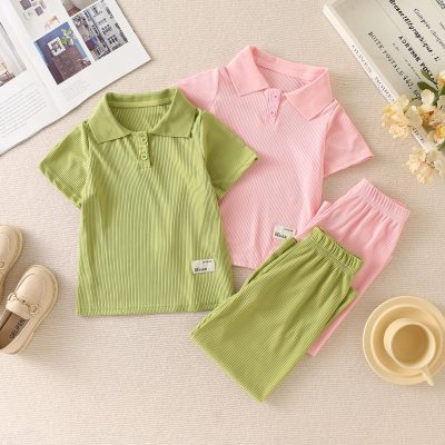 Camisa pólo de manga curta de cor sólida de 2 peças para meninas e shorts combinando