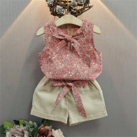 Girls Floral Sleeveless Vest + Shorts Two-piece Set  Pink