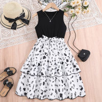 Summer sleeveless patchwork style style ruffled floral skirt color matching dress  Black