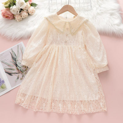 Toddler Girl Solid Color Floral Embroidered Lapel Button Front Zip-up Long Sleeve Dress