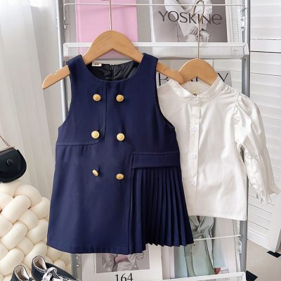 2-piece Toddler Girl Solid Color Long Sleeve Top & Sleeveless Pleated Skirt