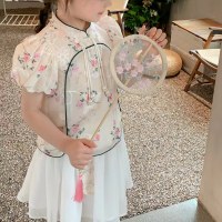 Summer new Chinese style children's Hanfu short-sleeved stand-up collar + gauze skirt two-piece suit  Beige