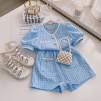 Girls' small fragrance suit solid color top + high waist wide leg shorts two piece suit  Blue