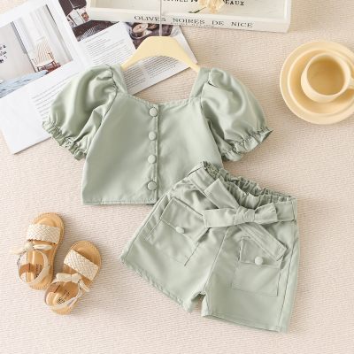 2-piece Toddler Girl Solid Color Square Neck Button Front Puff Sleeve Top & Bowknot Decor Shorts