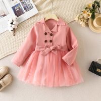 Toddler Girl Solid Color Lapel Button Front Mesh Patchwork Long Sleeve Dress  Pink