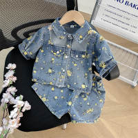 Small and medium-sized children's suits trendy printed denim shorts and short-sleeved pants suits  Denim blue