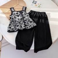 Sommeranzug für Mädchen im neuen koreanischen Stil mit Blumenweste + plissierter Hose mit weitem Bein, 2-teiliges Set  Schwarz