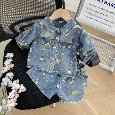Small and medium-sized children's suits trendy printed denim shorts and short-sleeved pants suits