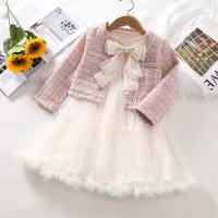 2-piece Toddler Girl Solid Color Mesh Patchwork Bowknot Decor Long Sleeve Dress & Houndstooth Bead Front Tweed Jacket  Pink