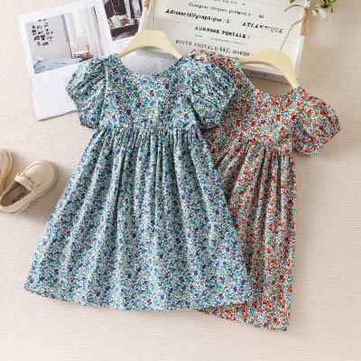 Summer New Children's Clothing Girls Floral Dress Retro Flower Print Bubble Long Skirt