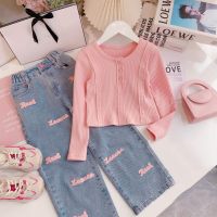 2-piece Toddler Girl Solid Color Crew-neck Top & Alphabet Print Wide-leg Jeans  Pink