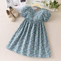 Summer New Children's Clothing Girls Floral Dress Retro Flower Print Bubble Long Skirt  Blue