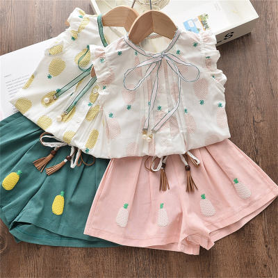 Girls' sleeveless lace-up top + embroidered shorts + belt three-piece suit
