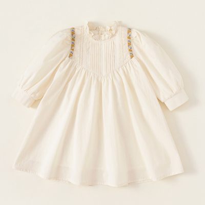 Toddler Girl Solid Color Ruffled Collar Embroidered Long Sleeve Dress