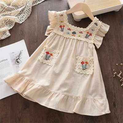 Girls' new forest style sweet flower embroidery baby flying sleeve dress