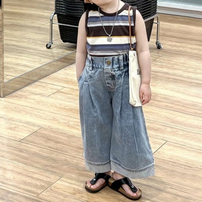 Children's clothing summer girls suit casual fashion striped vest loose jeans suit