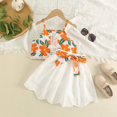 Children's clothing summer Korean version for girls and middle-aged children printed lace suspenders hollow cotton skirt two-piece suit
