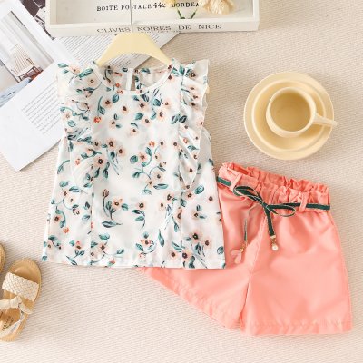 Summer girls' Korean style flying sleeve small floral print top + loose solid color shorts two-piece suit
